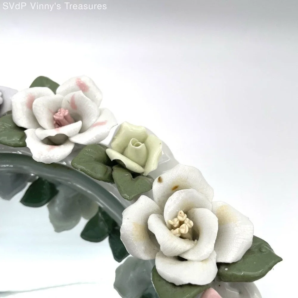 Vintage Oval Mirrored Vanity Tray Ceramic Porcelain Floral Rose Accents